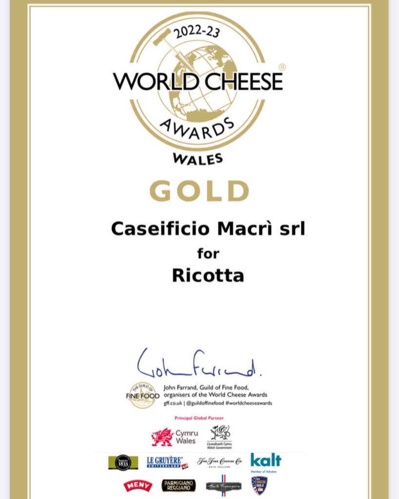 Oro per la Ricotta Caseificio Macrì World Cheese Awards 2022