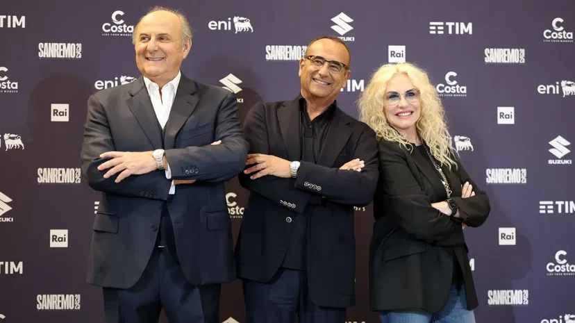 Sanremo 2025 - Gerry Scotti, Carlo Conti e Antonella Clerici