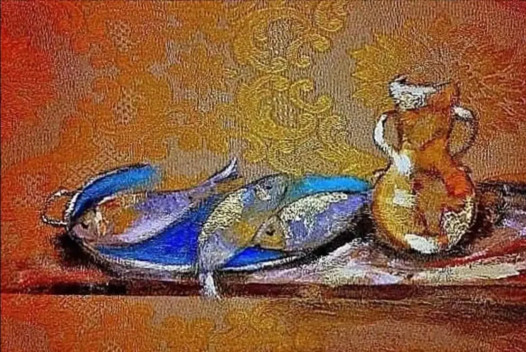Pittura su damasco firmata Attilio Armone